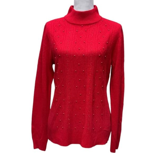 Basic‎ Editions Women's Red Studded Turtleneck Long Sleeve Sweater Size M - Picture 1 of 11